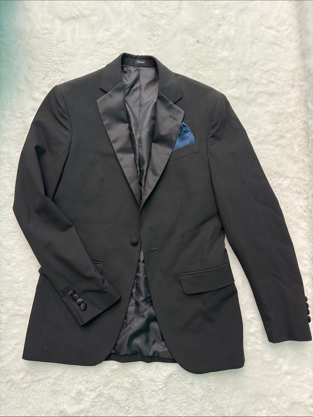 jf j.ferrar Slim Fit Black Notch Lapel Blazer with Blue Pocket Square